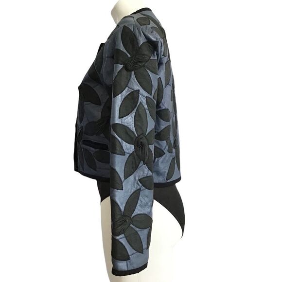Leather Custom Made Crop Jacket Blue With Flower Petal Crew Neck Cropped Jacket - Picture 2 of 15